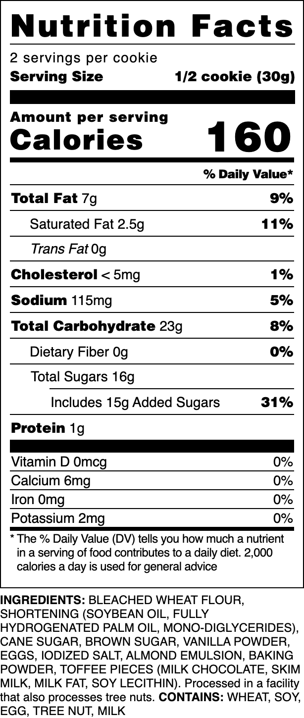 Nutrition label for our Sugared Almond Toffee cookie.