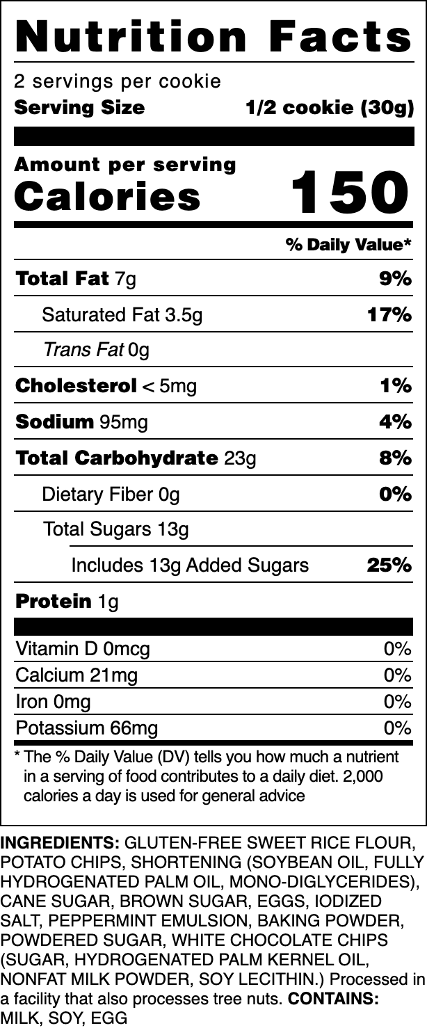 Nutrition label for our Gluten-Free White Chocolate Peppermint cookie.