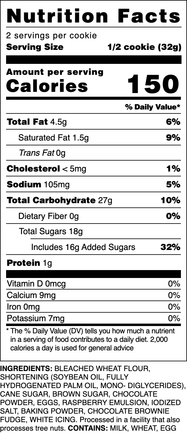 Nutrition label for Iced Brownie Raspberry cookie.