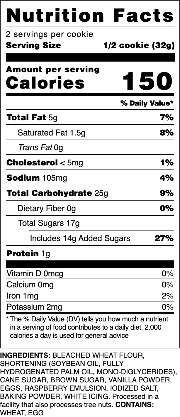 Nutrition label for our Iced Raspberry cookie.