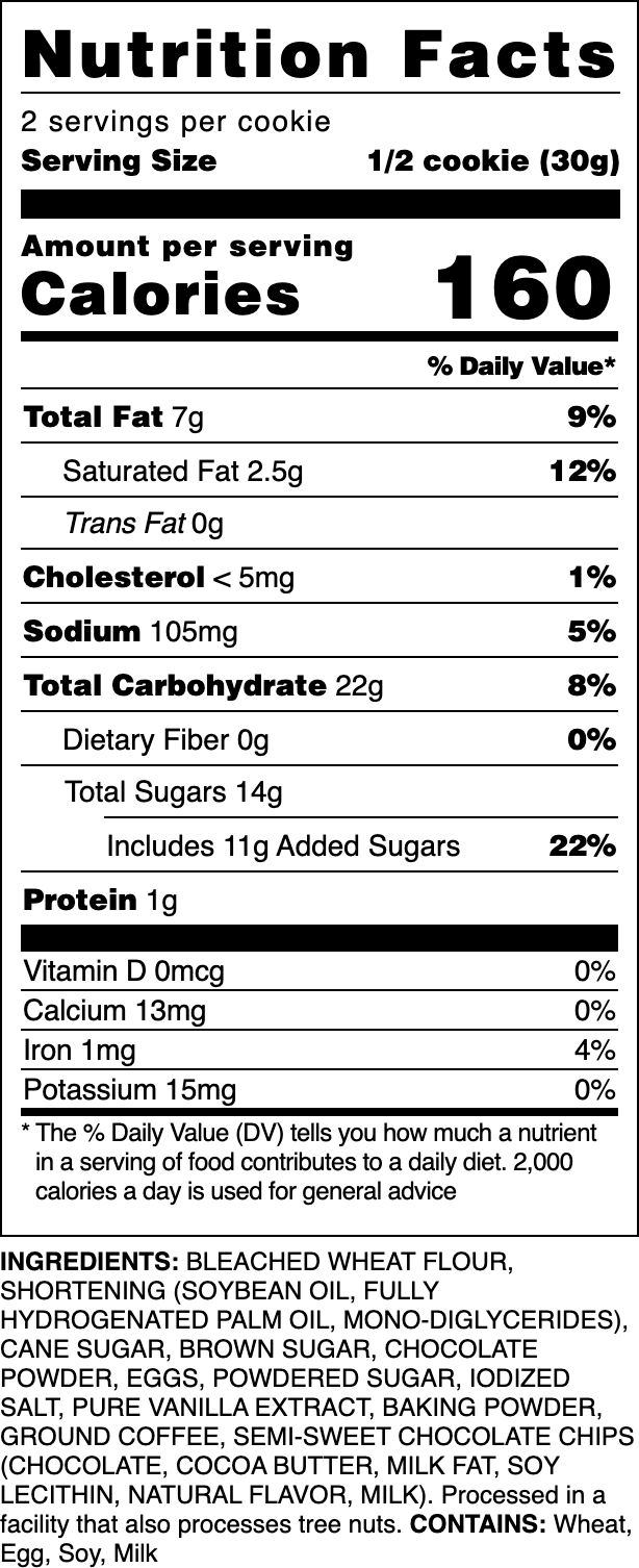 Nutrition label for our Mocha Chocolate Chip.