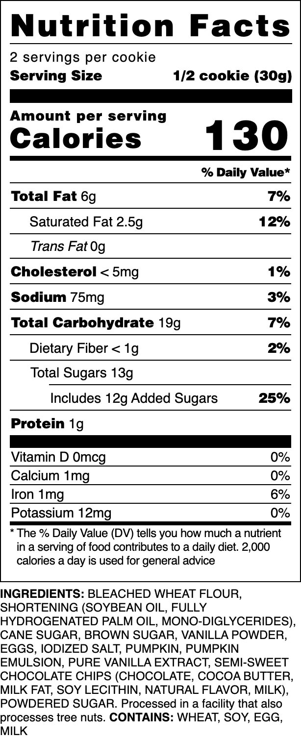 Nutrition label for our Pumpkin Chocolate Chip cookie.