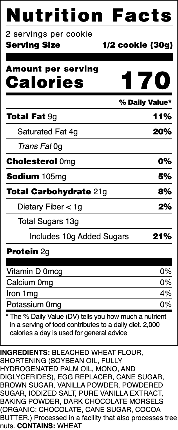 Nutrition label for our Vegan Dark Chocolate Chip cookie.
