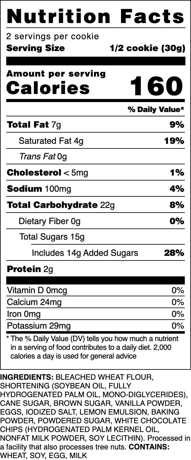 Nutrition label for our White Chocolate Lemon Chiffon cookie.