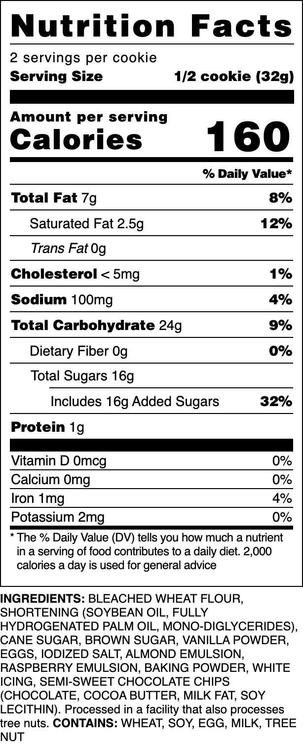 Nutrition label for our Naughty Almond cookie.