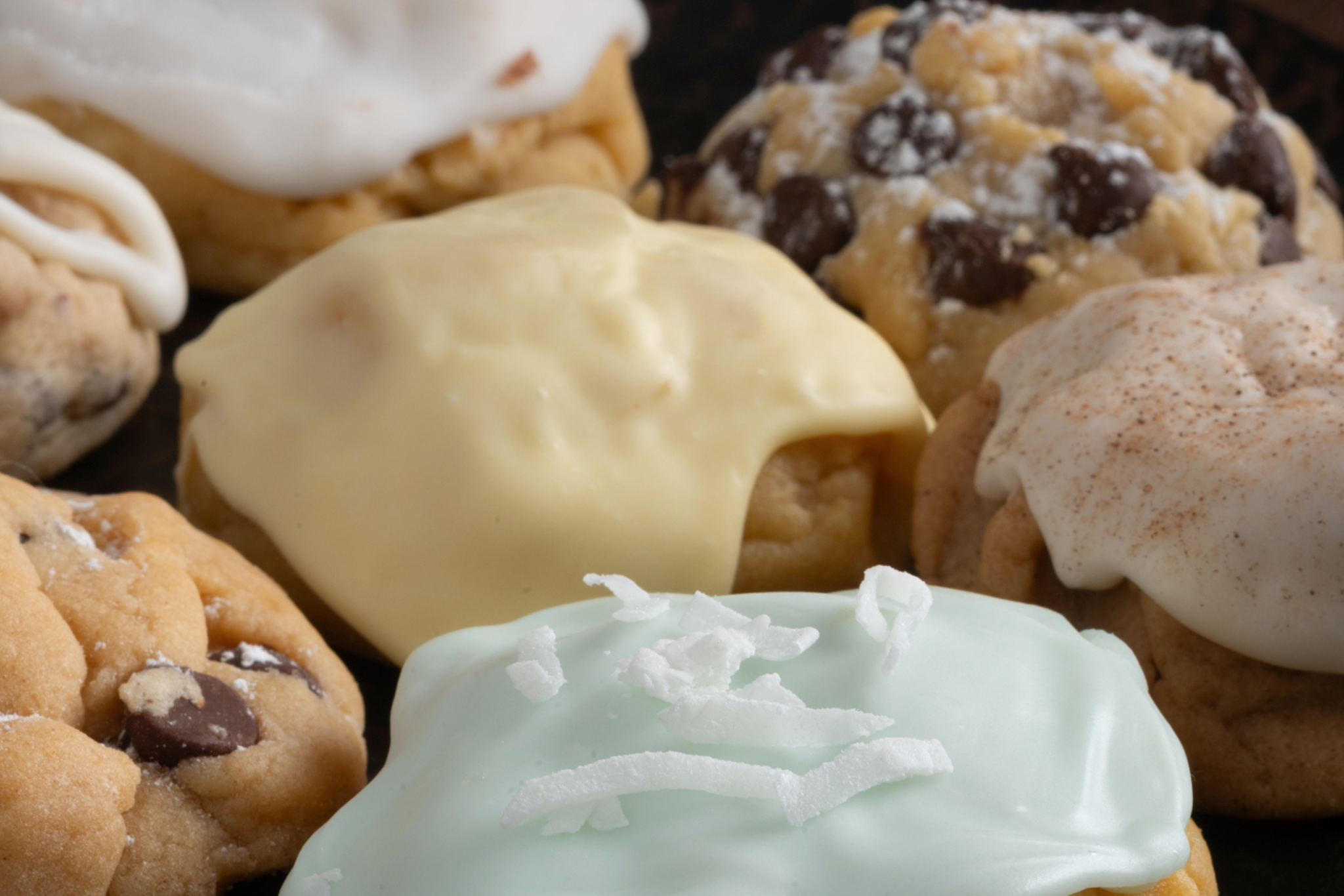 Iced lemon, iced cinnamon, oatmeal chocolate chip cookies.