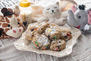 Lactation Cookies with stuffed animals and milk.