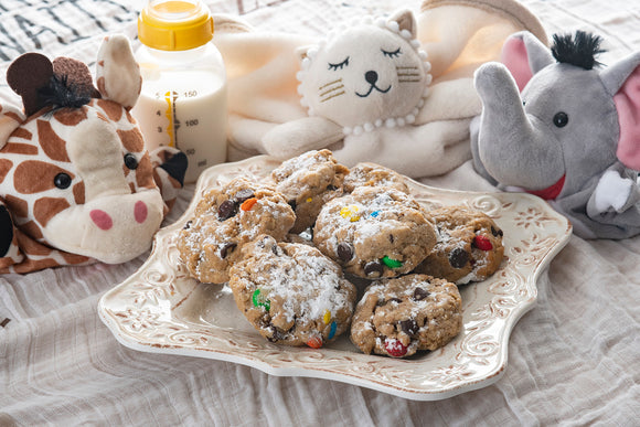 Lactation Cookies with stuffed animals and milk.