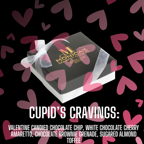 Candied Chocolate Chip, White Chocolate Cherry Amaretto, Chocolate Brownie Grenade, Sugared Almond Toffee in a box.