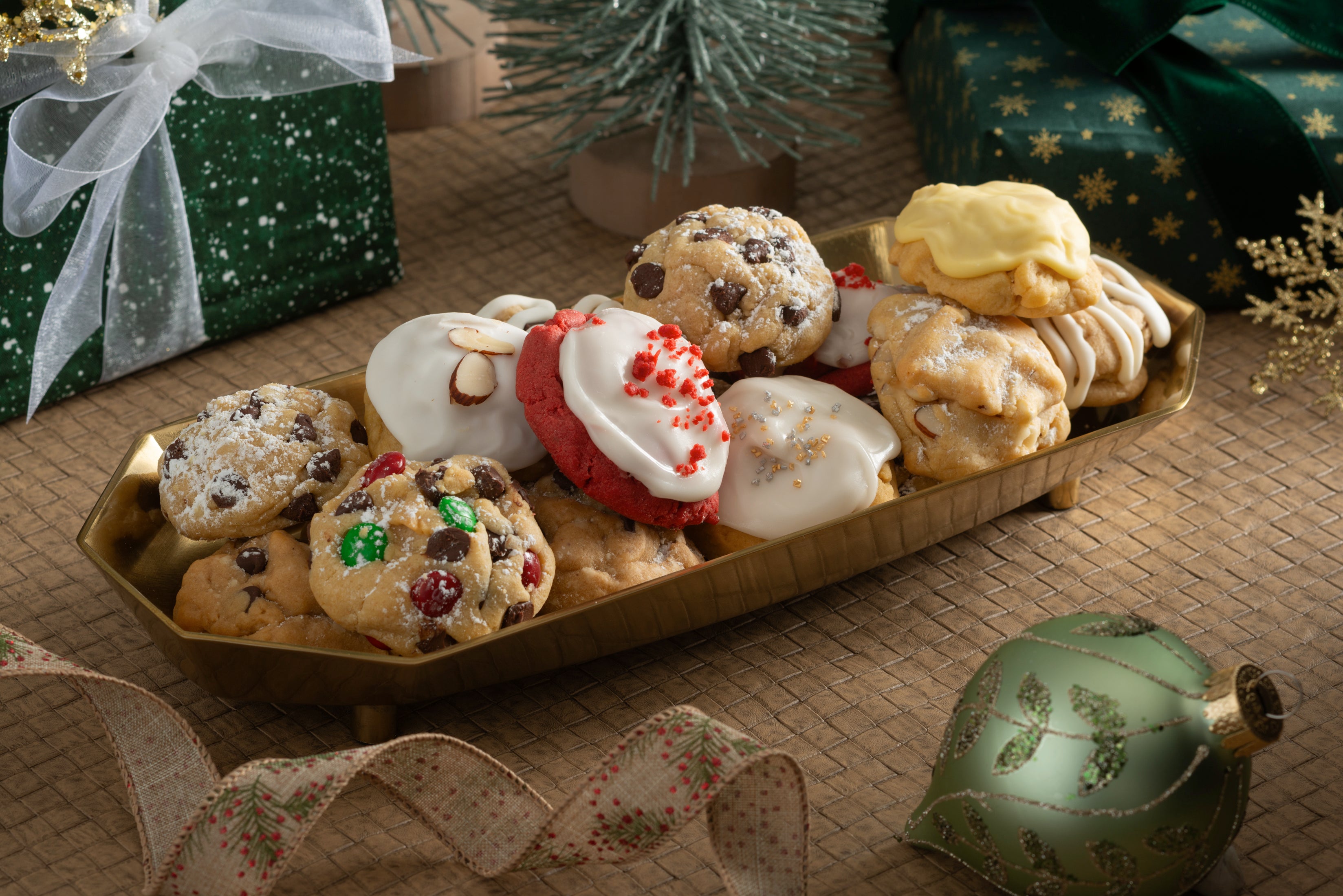 Holiday boxes and cookies with ornaments.