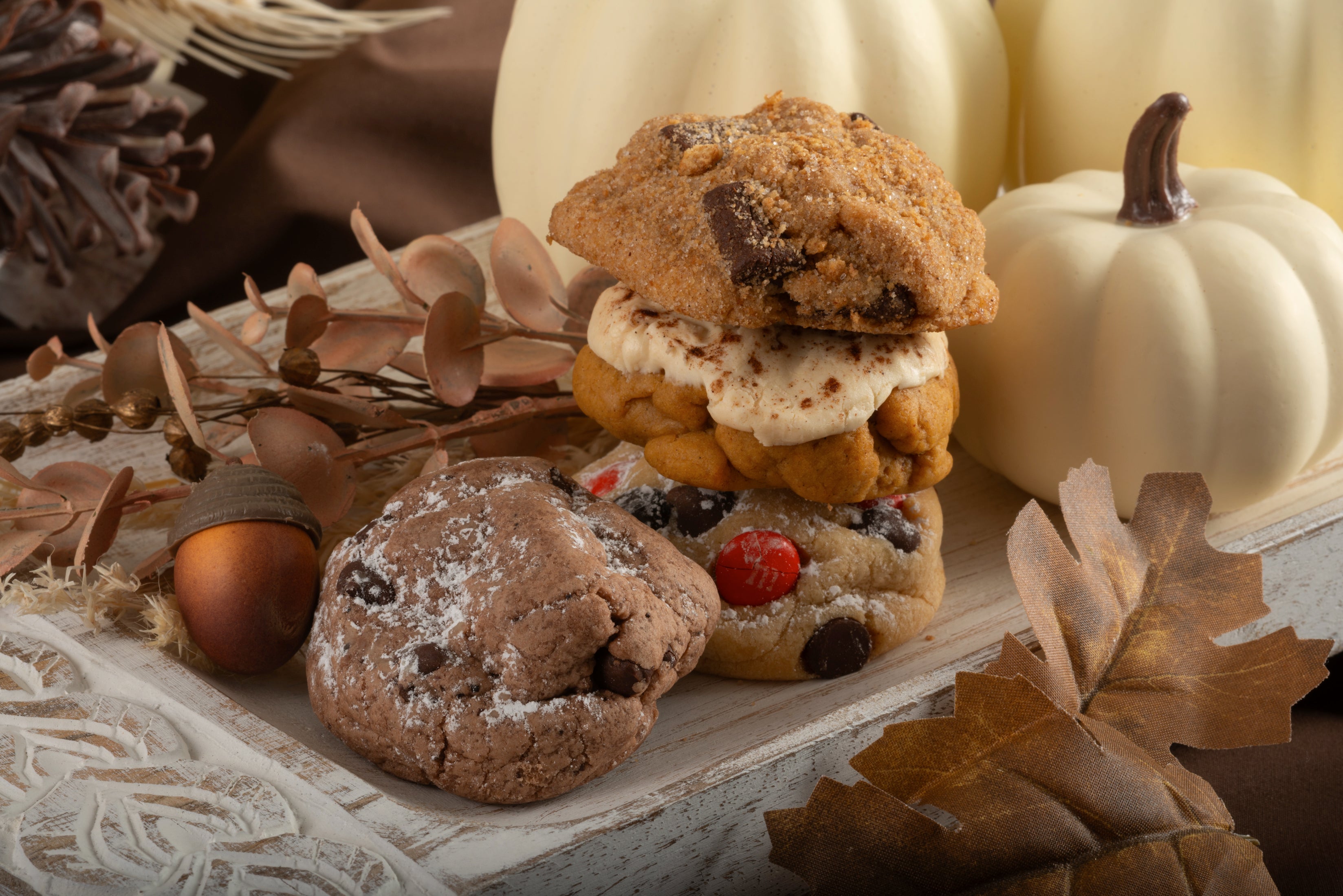Mocha chocolate chip, campfire, iced pumpkin, and candied chocolate chips on a fall platter.