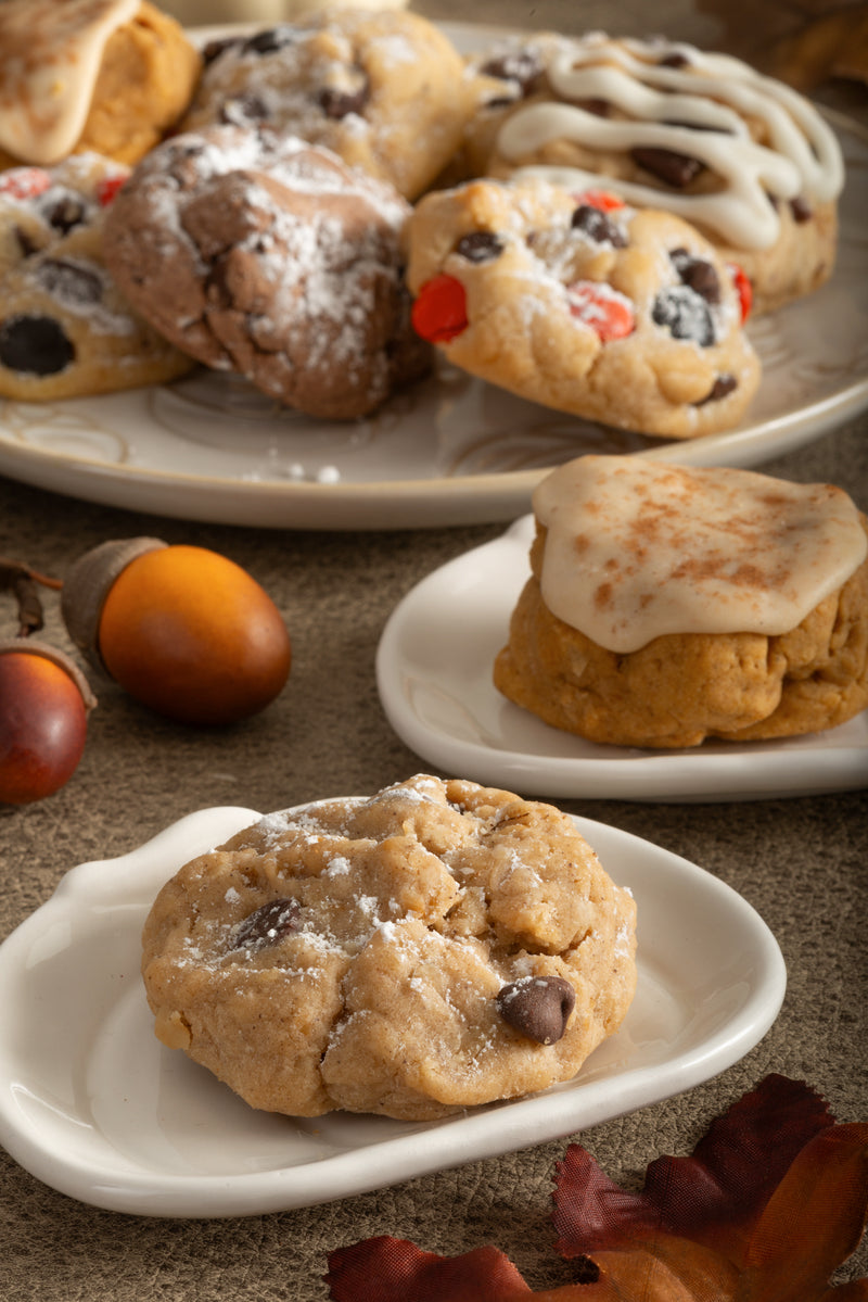 Oatmeal Chocolate Chip with Iced Pumpkin, Candied Chocolate Chip, and Caramel Rock.