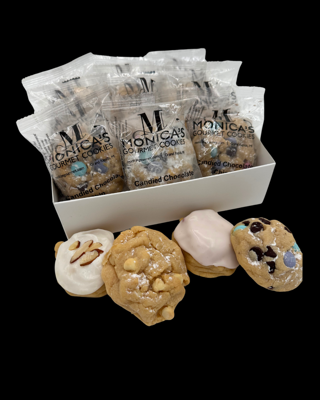 Iced Almond, White Chocolate Lemon Chiffon, Iced Raspberry, and Candied Chocolate Chip.