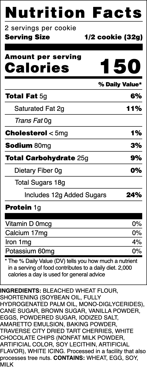 Nutrition label for our White Chocolate Cherry Amaretto cookie.