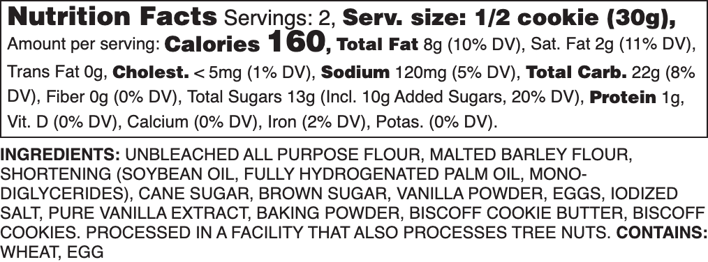 Cookie Butter Bliss Nutrition Label.