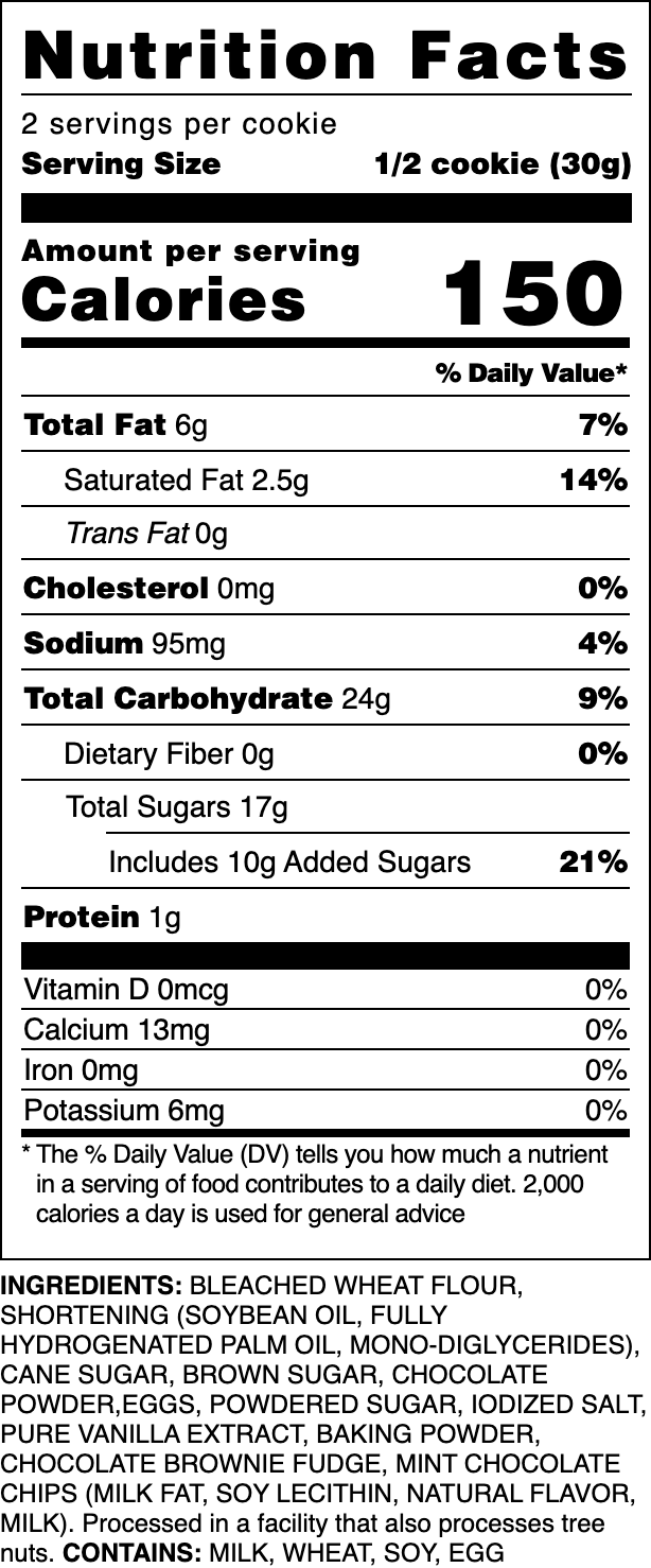 Nutrition label for our Brownie Mint cookie.