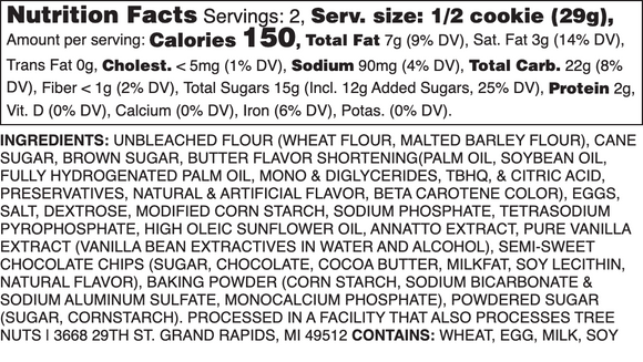 signature chocolate chip nutrition label.