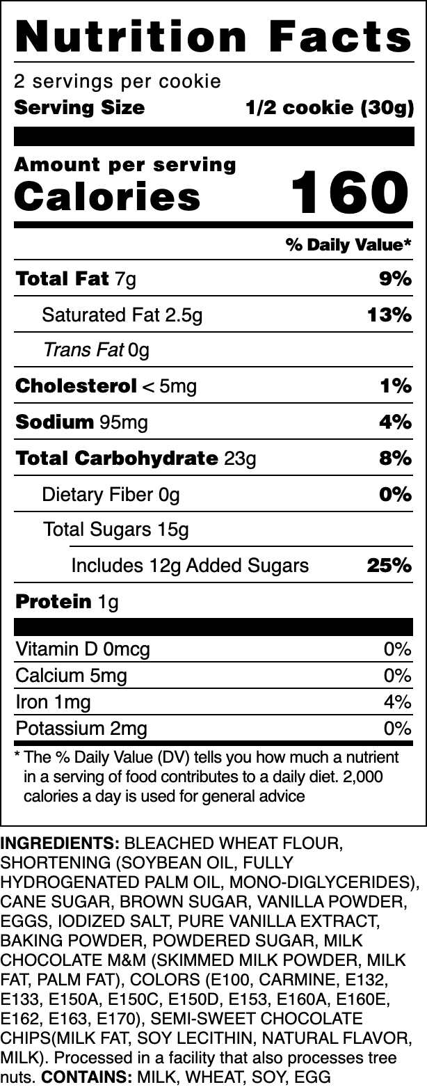 Nutrition label for our Candied Chocolate Chip cookie.
