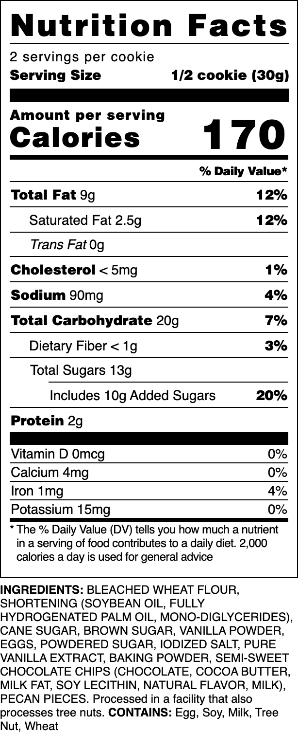 Nutrition label for Chocolate Chip Pecan