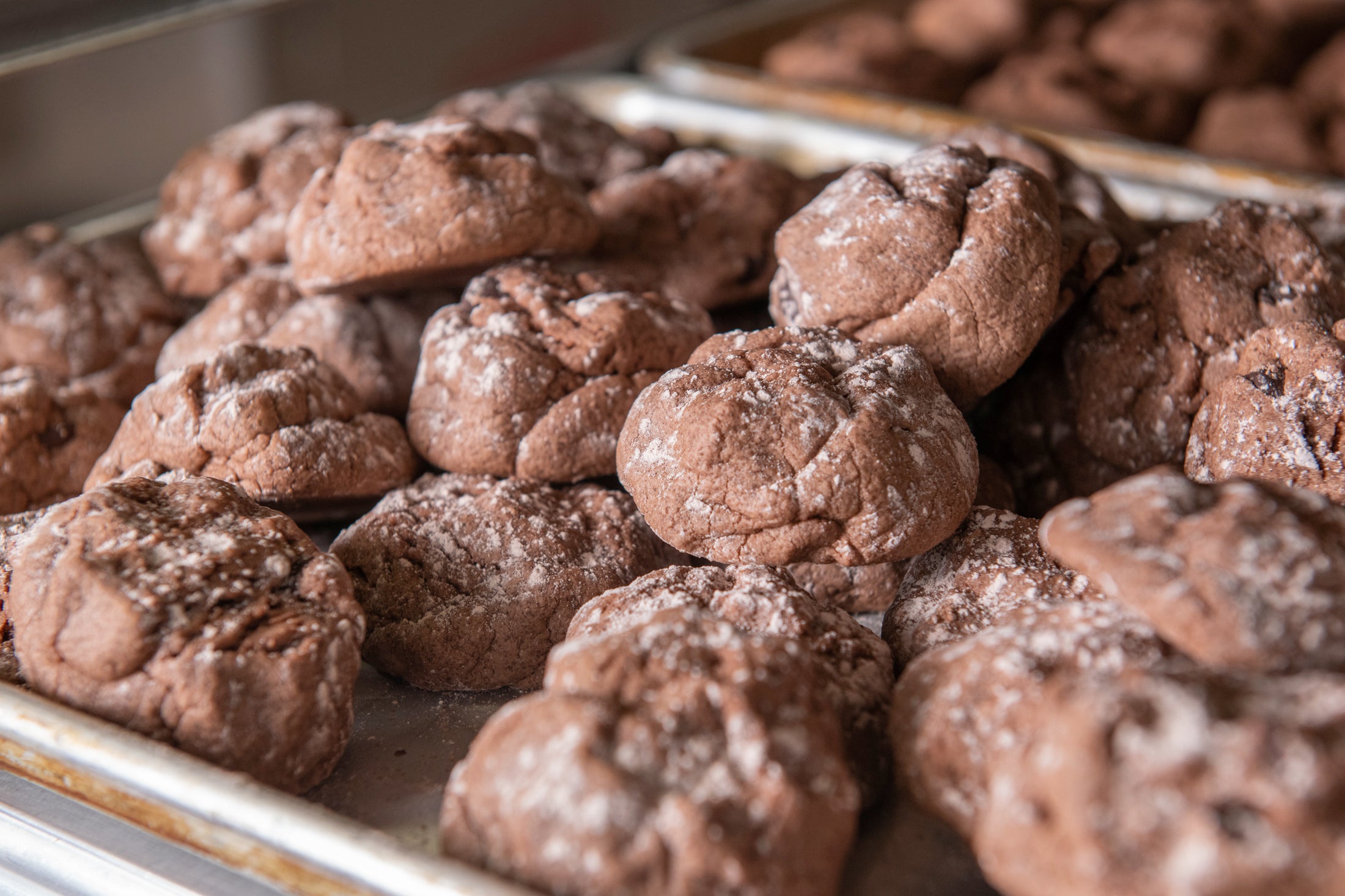 Our Chocolate Brownie Grenade cookies served up on a baking tray.