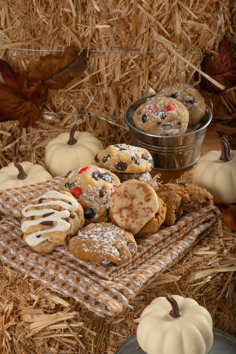 Caramel Rock, Pumpkin Chocolate Chip, Iced Pumpkin, and Campfire cookies.