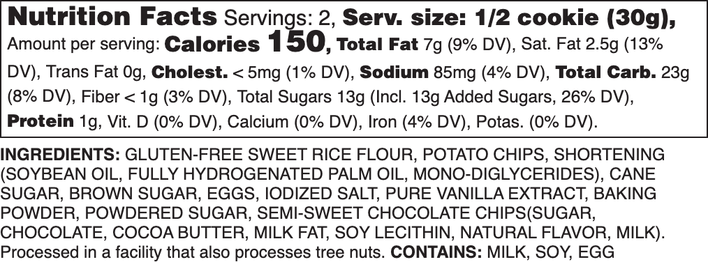 Gluten-Free Chocolate Chip Nutrition Label.

