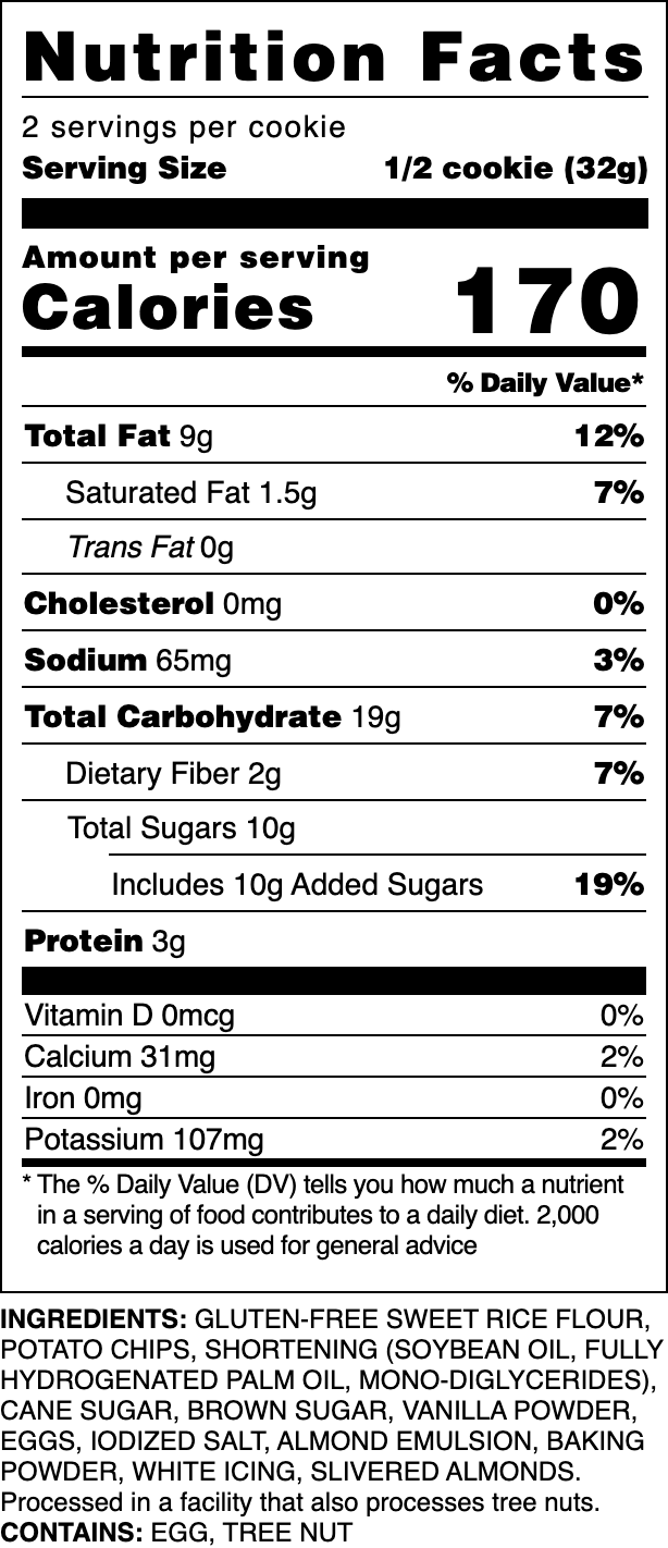 Nutrition label for our Gluten-Free Iced Almond cookie.