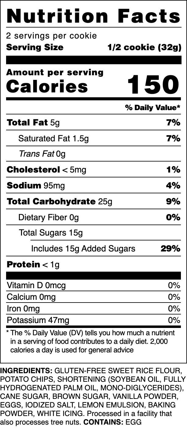 Nutrition label for our Gluten-Free Iced Lemon cookie.
