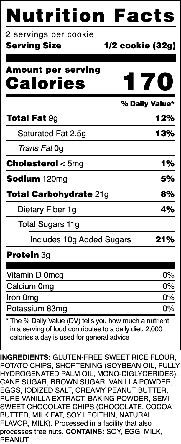 Nutrition label for our Gluten-Free Peanut Butter Drizzle cookie.