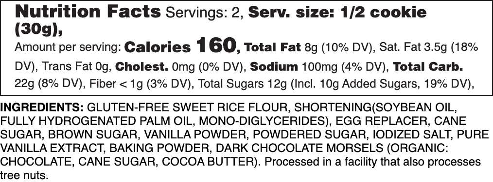 Gluten-Free & Vegan Dark Chocolate Chip Nutrition Label.
