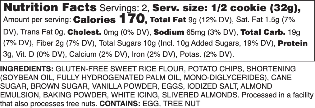 Gluten-Free Iced Almond Nutrition Label.
