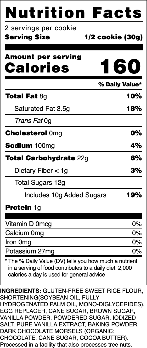 Nutrition label for our Gluten-Free/Vegan Dark Chocolate Chip cookie.