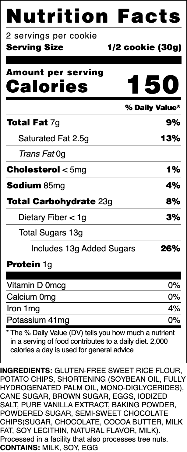 Nutrition label for our Gluten-Free Chocolate Chip cookie.
