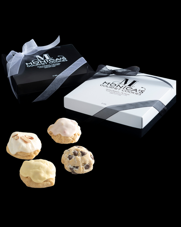 Our Monica's Gourmet Cookie Gift Boxes with an assortment of our most popular gluten-free cookies, Iced Almond, Iced Raspberry, Iced Lemon, and Chocolate Chip.