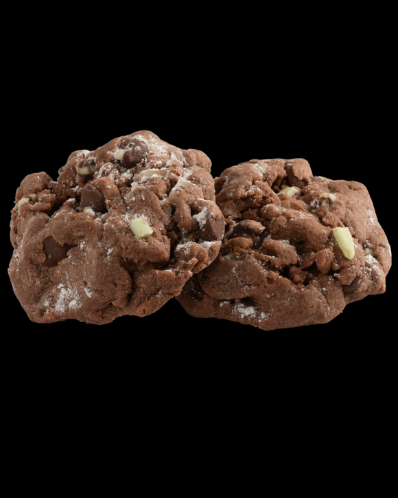 Our seasonal Chocolate Brownie Mint cookie, featuring chocolate chips, brownie flavors, and mint pieces.