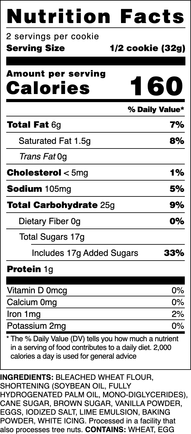 Nutrition label for our Iced Keylime cookie.