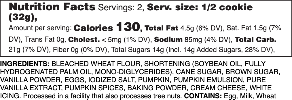 Iced Pumpkin Nutrition Label.
