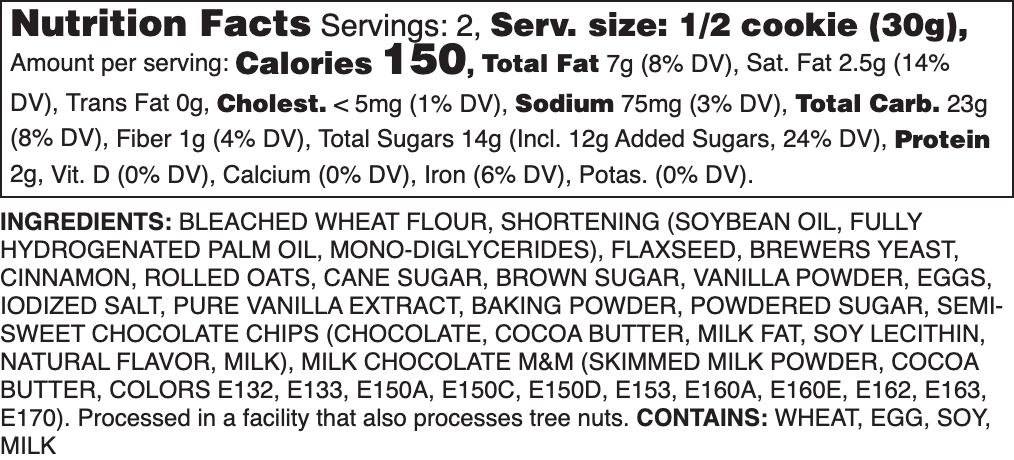 Lactation Cookie Nutrition label.