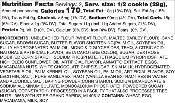 White Chocolate Almond Macadamia Nutrition Label