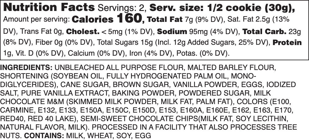 Candied Chocolate Chip Nutrition Label