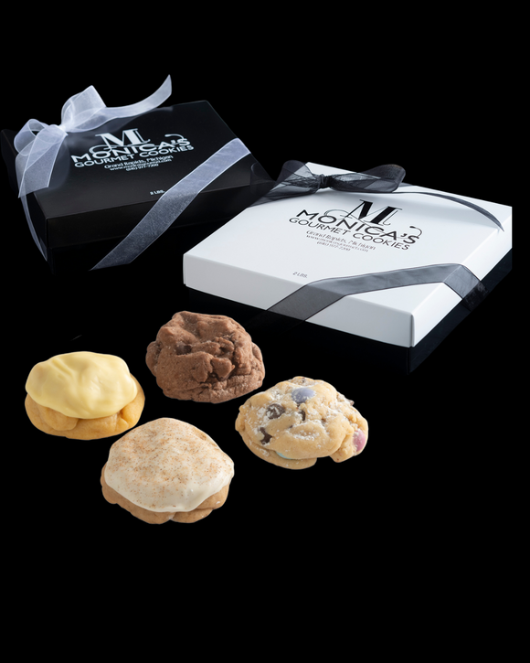 Two Monica's Gourmet Cookie Gift Boxes with an assortment of cookies, featuring our Iced Lemon, Brownie Grenade, Iced Cinnamon, and Chocolate Chip.