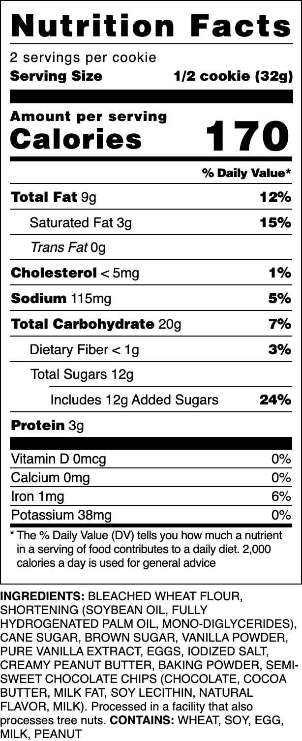 Nutrition label for our Peanut Butter Drizzle cookie.