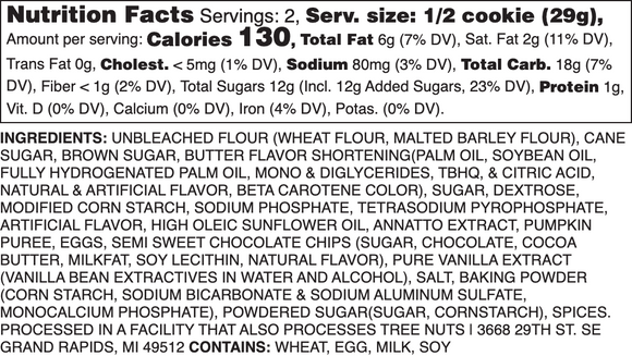 PUMPKIN CHOCOLATE CHIP NUTRITION LABEL.