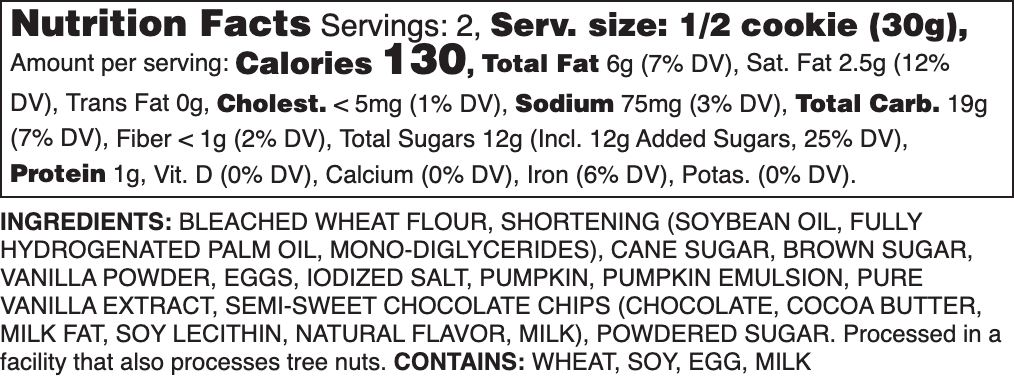 Pumpkin Chocolate Chip Nutrition Label