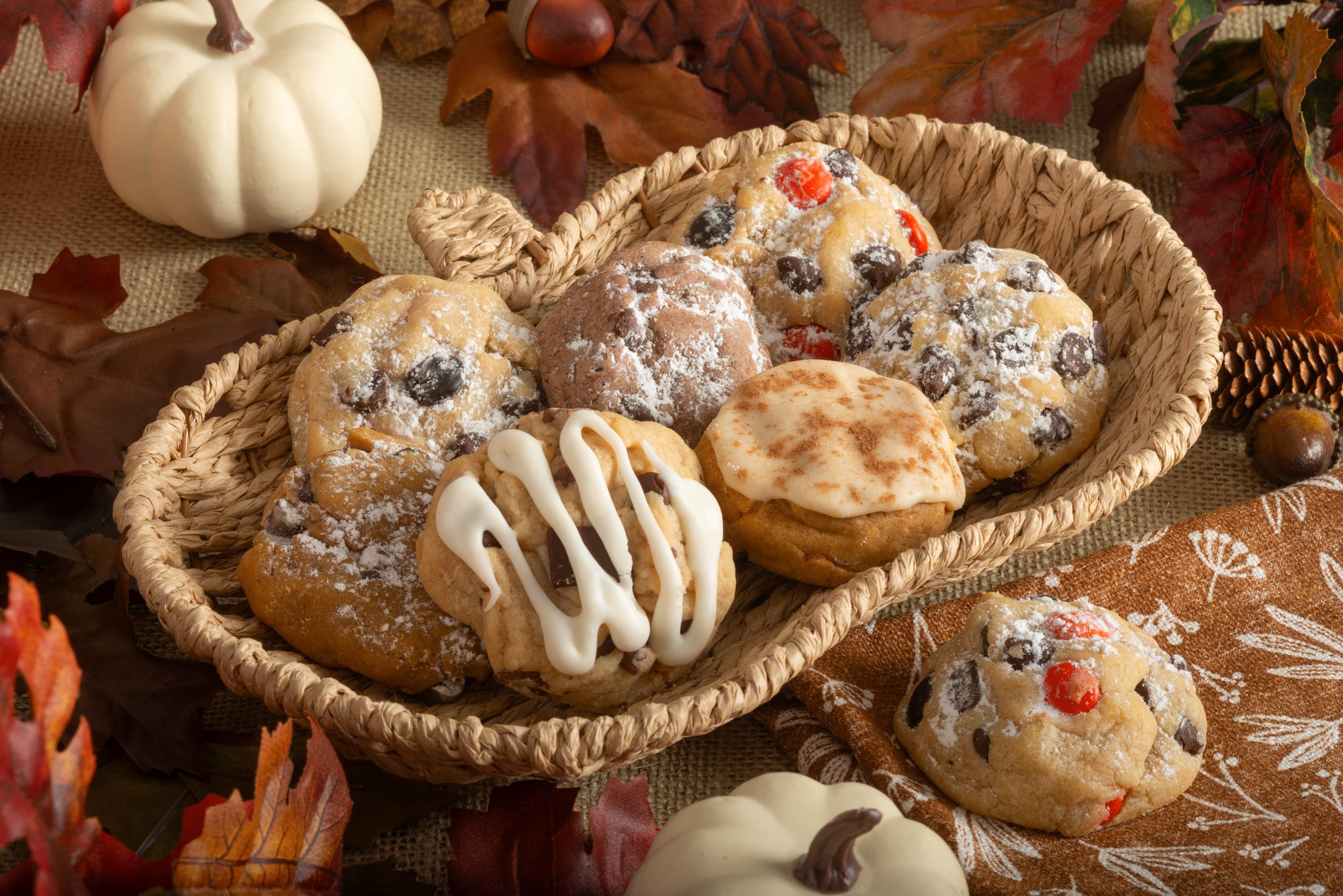 A pumpkin basket filled with our Caramel Rock, Iced Pumpkin, and Candied Chocolate Chip.