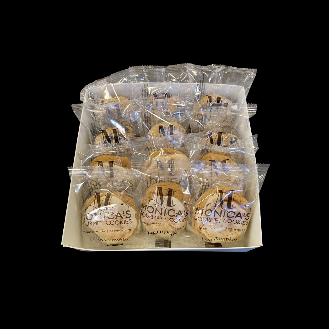 Our gourmet, handcrafted pumpkin perfection mix: six Iced Pumpkin and six Pumpkin Chocolate Chip cookies. | Monica's Gourmet Cookies