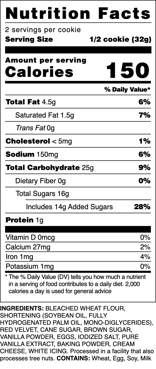 Nutrition label for our Red Velvet cookie.