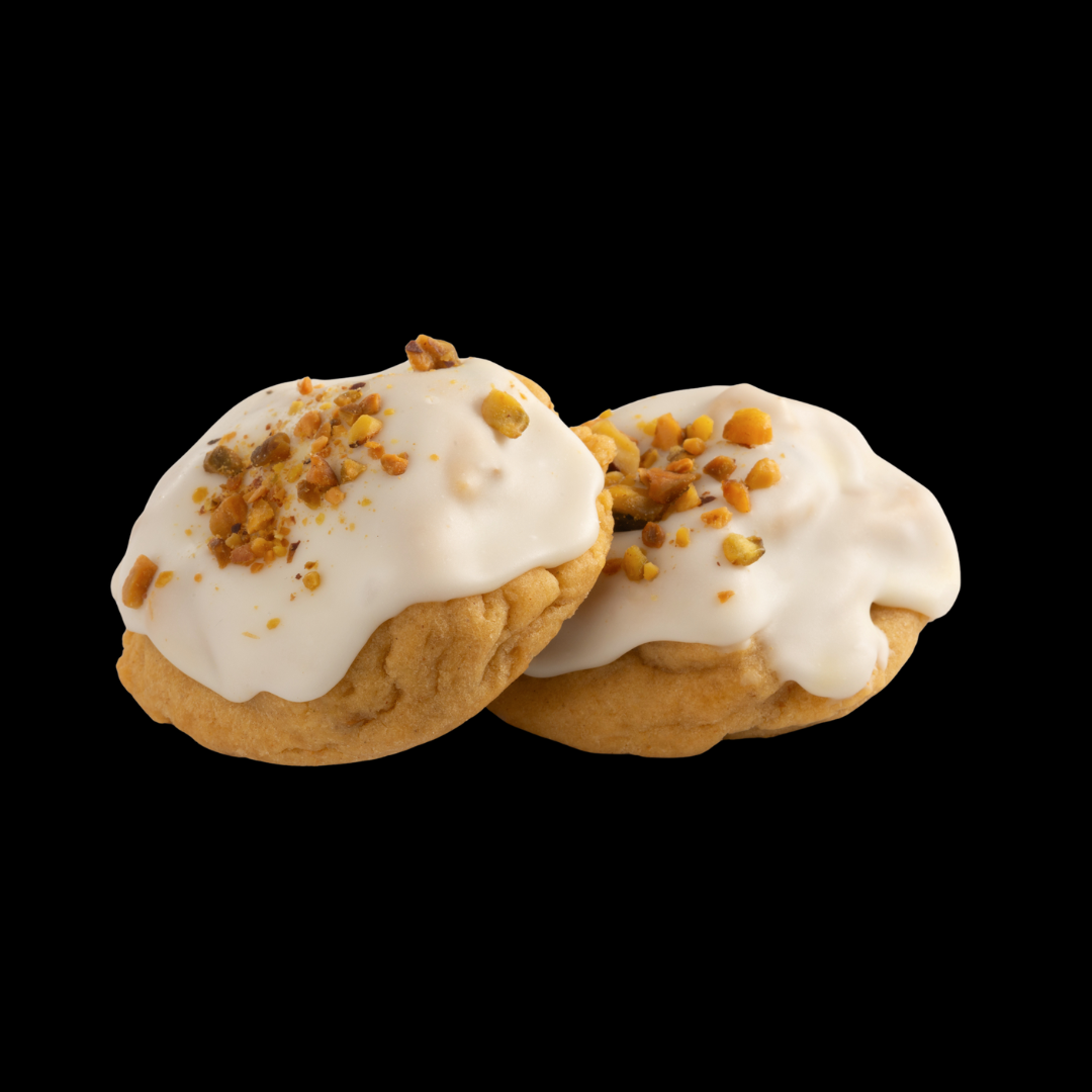 Our handcrafted, gourmet Royal Coronation cookie with Mascarpone cheese icing, pistachios, and hints of orange and cinnamon flavors.