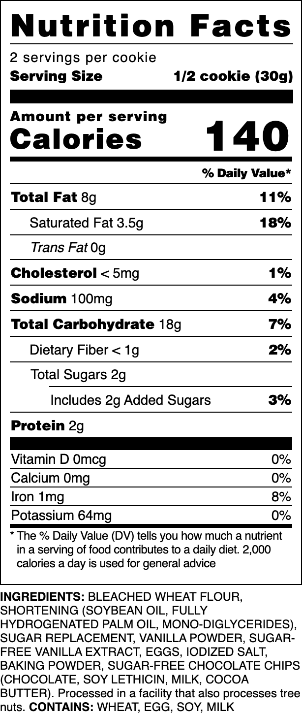 Nutrition label for our Sugar-Free Chocolate Chip cookie.