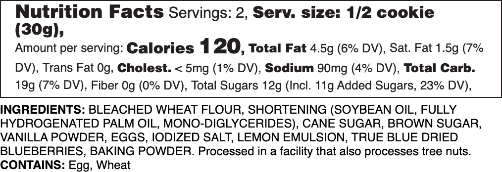 Sugared Lemon Blueberry Nutrition Label.